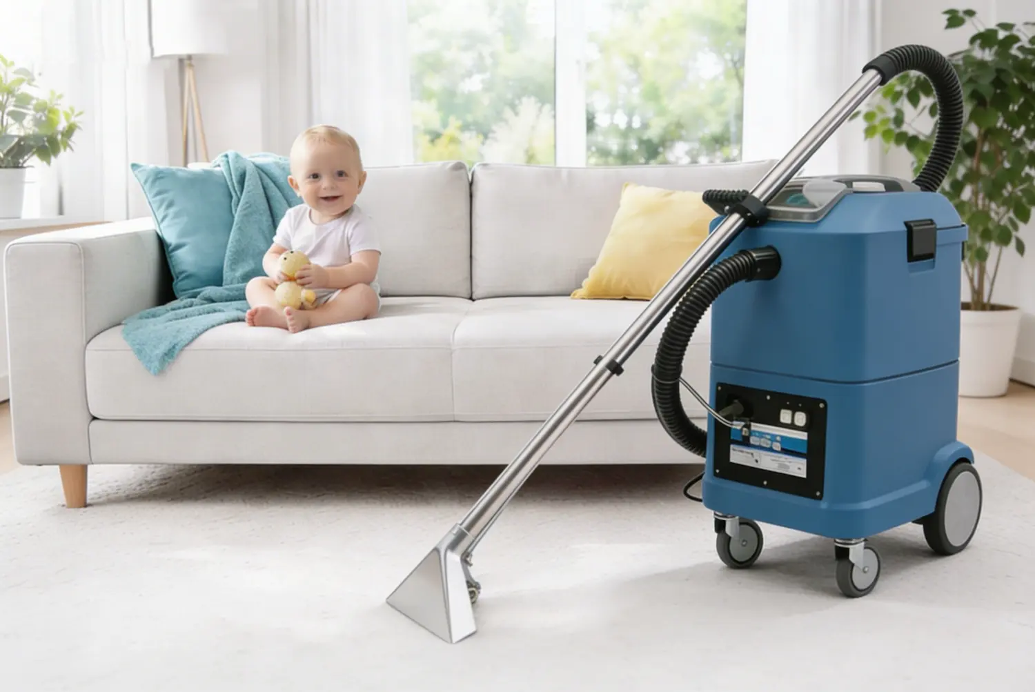 Čištění čalounění s miminkem